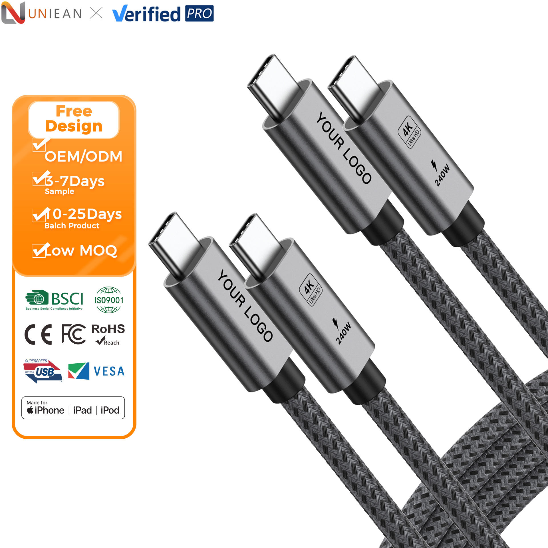 UNIEAN--Uniean Factory Power Cables 4k Transfer Data Cable 48v5a Type C Cable Fast Charging 3.2 Usb C Cable Aluminum Alloy For I