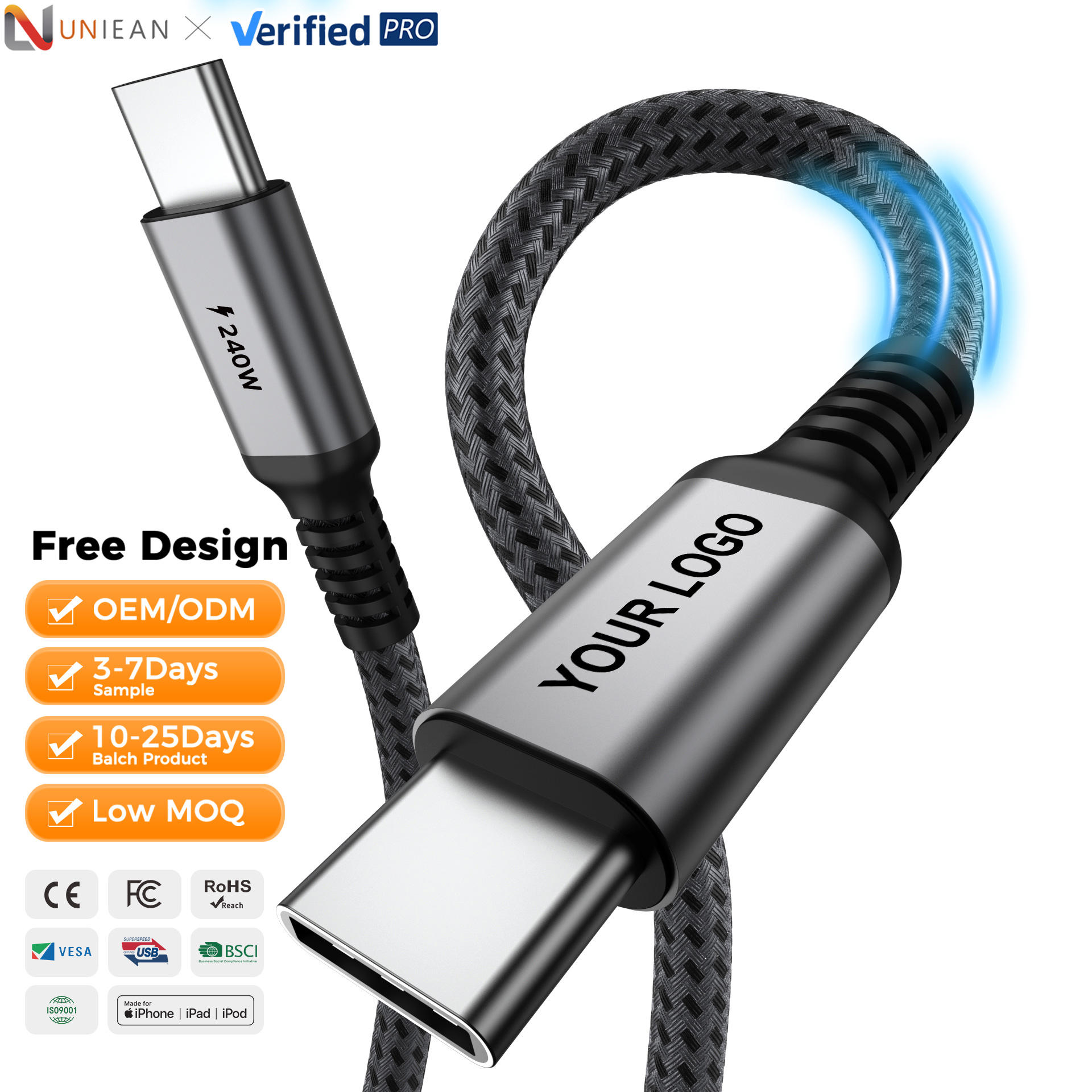 UNIEAN--Uniean Factory Usb C 2.0 Data Cable 480mbps 12v5a Transfer Usb Type C Cable 240w Fast Charging Cable Aluminum Alloy For