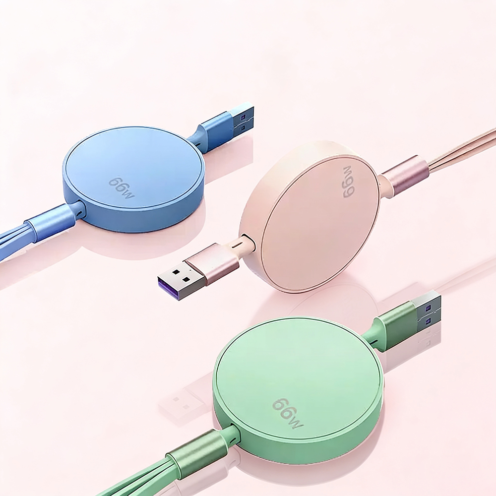 3 in 1 Retractable Charging Cable 66W Retractable Car Charger with Type C/L/Micro USB Ports