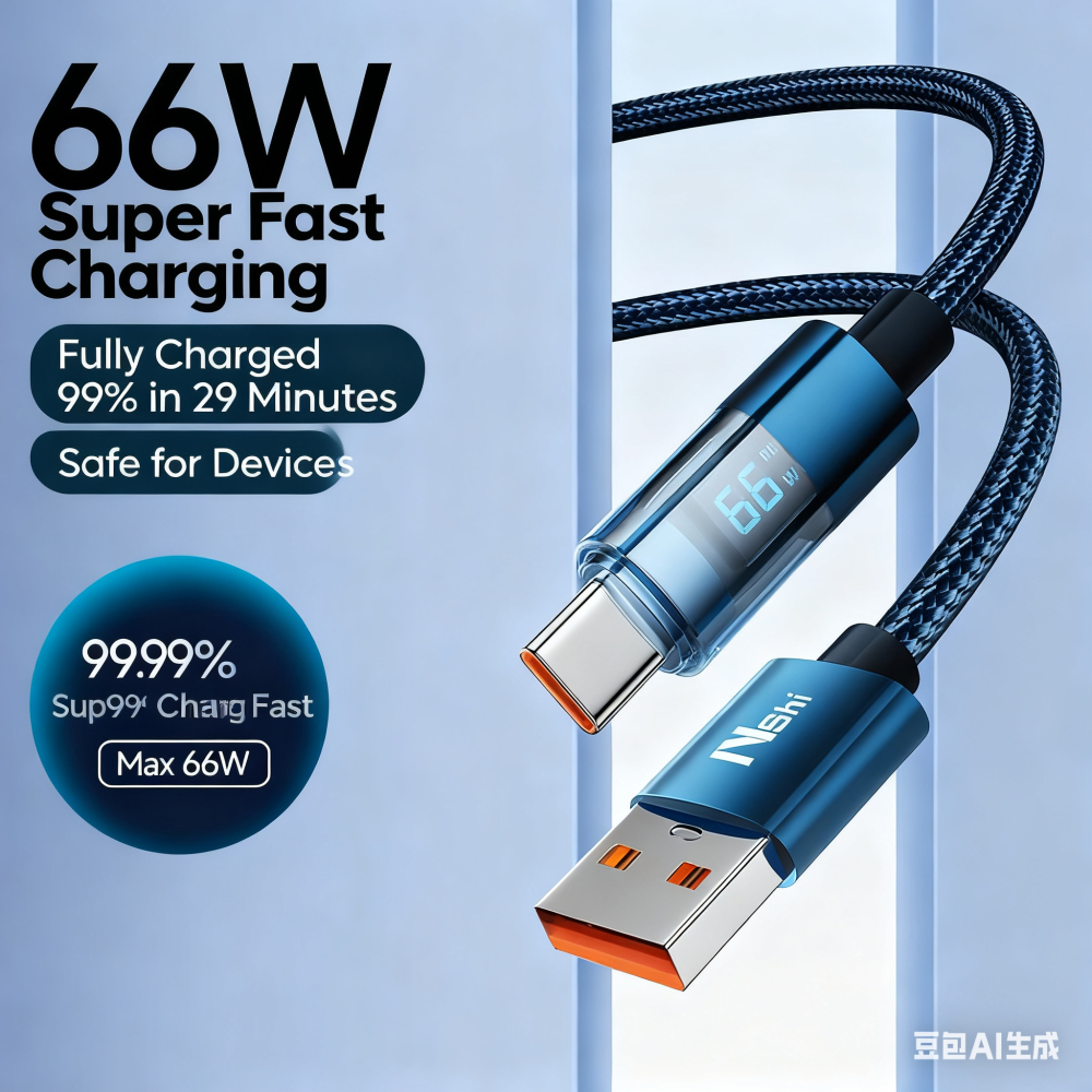 66W Nylon Braided USB A to USB C Fast Charging USB C Charger Cable with LED Display for Cell Phone