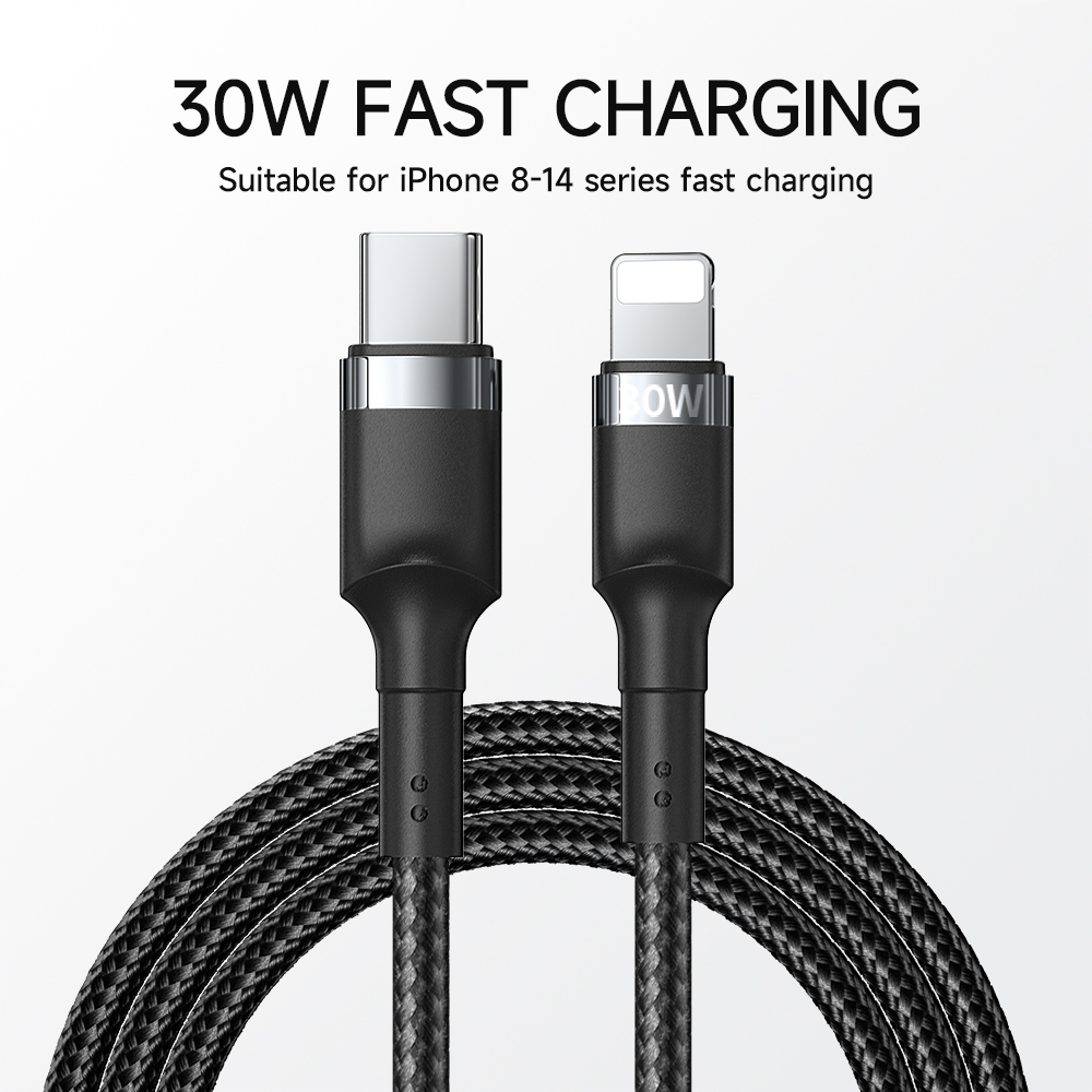 PD 30W USB to L-Port Cable Nylon Braided Black iPhone Cable Fast Charging for iPhone