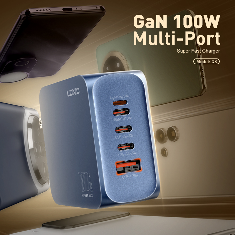 LDNIO--Charger--Q8--GaN100W Certified Products:3*USB-C+1*Lightning+1*USB-A