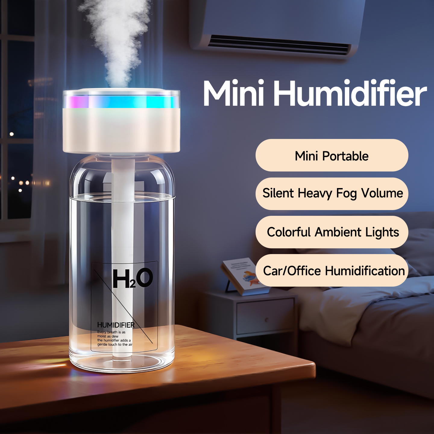 Hot Sale 300ml Colorful Night Light Portable Air Humidifier 2 Mist Modes Quiet USB Powered Mini Humidifier for Outdoor Household