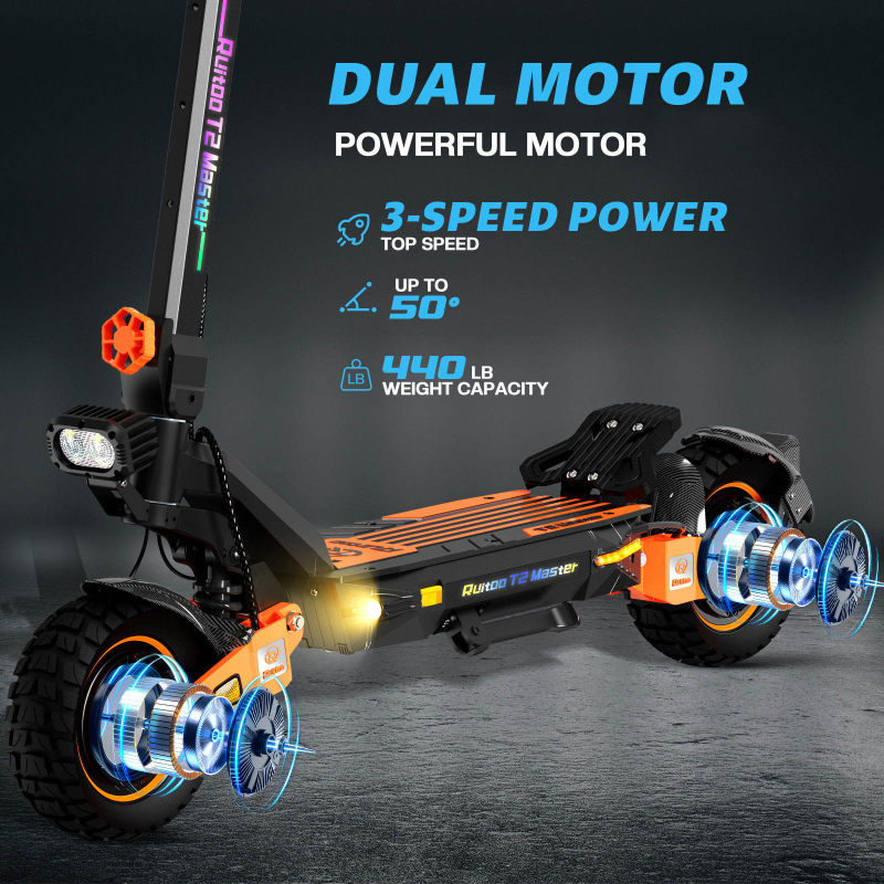 Ruitoo T2Master USA Warehouse Free Shipping 10-Inch Dual Motor Electric Scooter with LED Lights 52V Foldable Scooter Electric