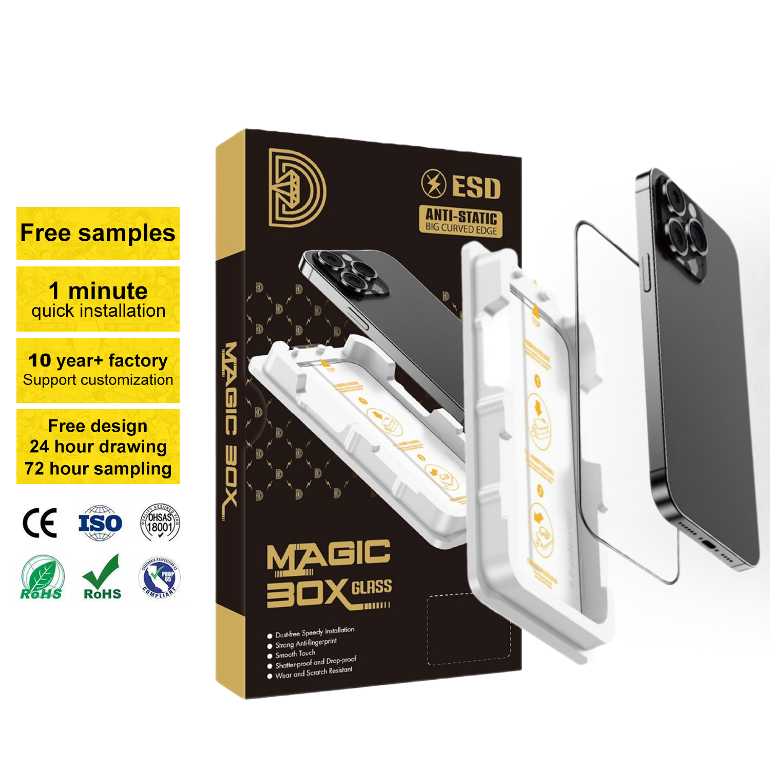 Golden Diamond Hd 9h Tempered Glass Magic Installation Kit For Iphone 16 15 14 Series Crystal Clear Anti Fingerprint Oleophobic