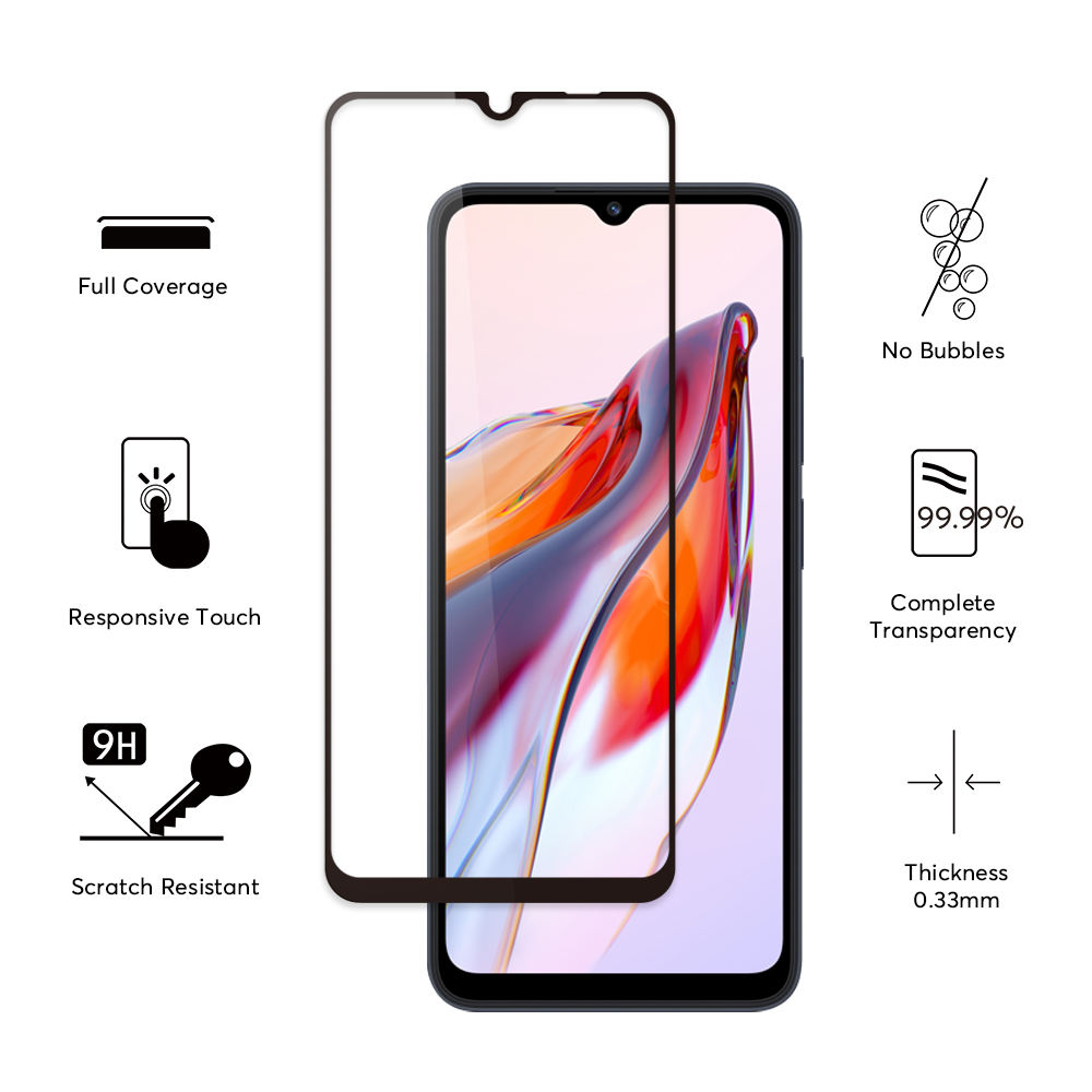 9H Tempered Glass Front Black Full Cover Screen Protector Glass for Xiaomi Redmi 12C 10C Tempered Glass