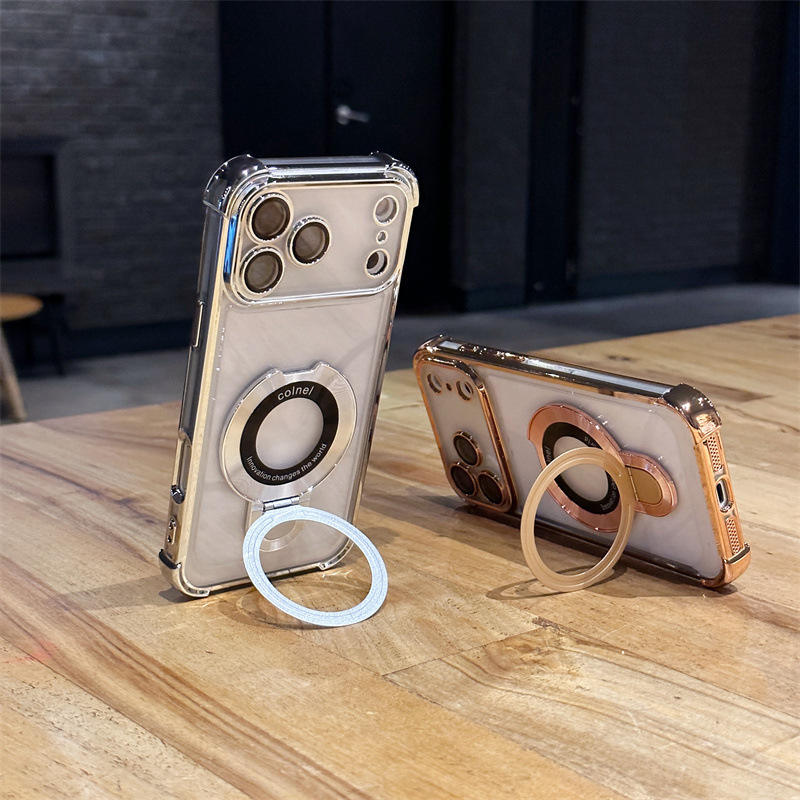 Electroplate PC TPU Luxury Shockproof Wireless Charging Phone Case for 17 Pro Max 16 15 360 Rotating Magnetic Ring Mobile