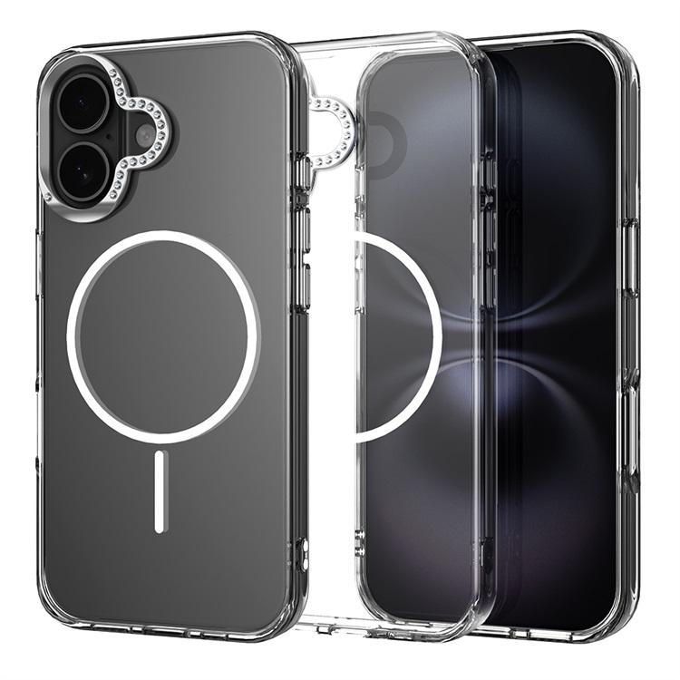 Diamond Metal Lens Frame Transparent Magnetic TPU+PC Wireless Charging Luxury Design Mobile Phone Case for 17 Pro Max