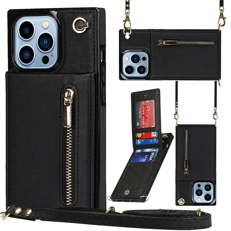 Luxury Leather Zipper Insert Card Bag Holder Fashion Phone case for IPhone14promax Creative 13pro Long Rope 12 Anti-fall X Women