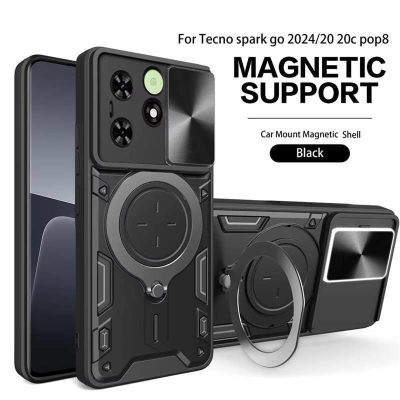 Slide Camera Lens Cover for ITEL S23 PLUS A60S A70 Magnetic Rotatable Big Ring Metal Kickstand Shockproof Cell Phone Case