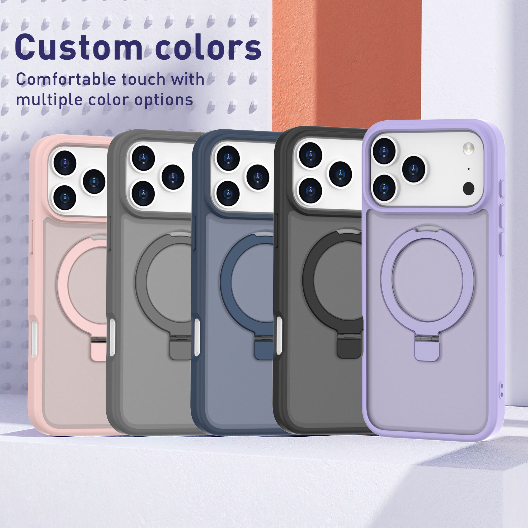Custom Strong Magnetic Frosted Translucent Matte Phone Case with Invisible Ring Stand for iPhone 17 16 Pro Max Shockproof Covers