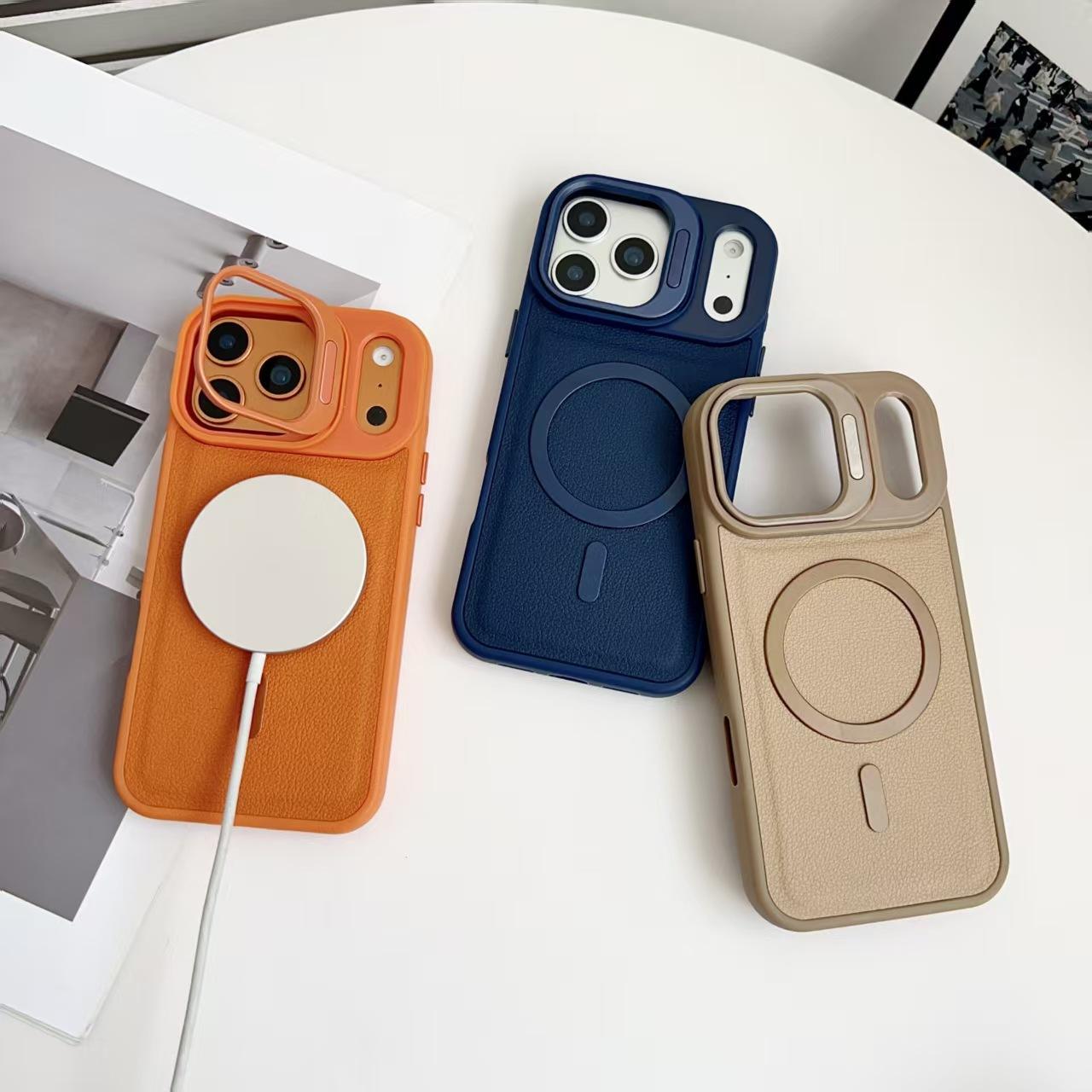 Leather Lychee Pattern Magnetic Phone Cases for iPhone 17 Air 16 Pro Max 15 14 Plus 13 12 Camera Lens Kickstand Shockproof Cover