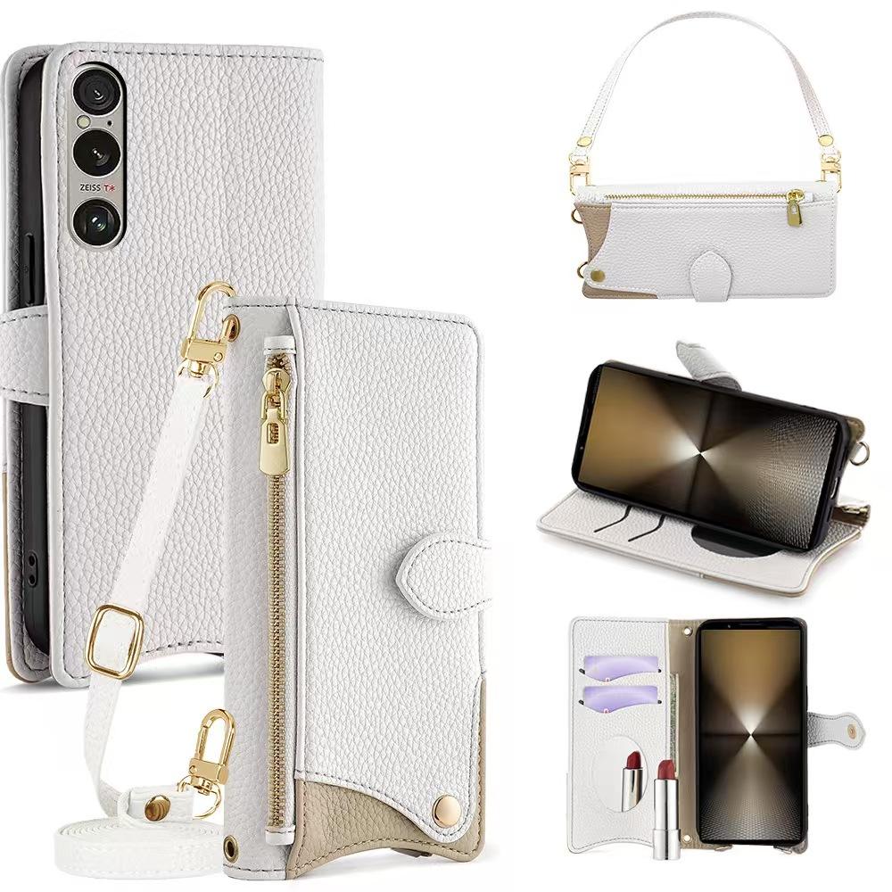 For Sony for Xperia 1 VI 6th Gen Phone Case Xperia1 Handbag Mirror Wrist Strap Holder with Card and PU Leather Wallet Shockproof