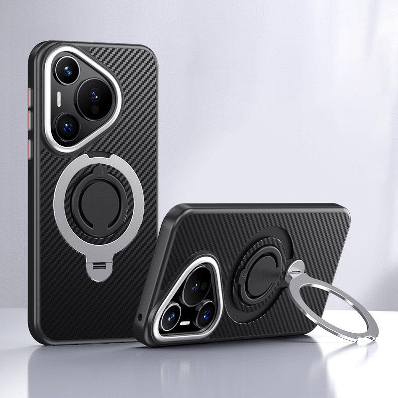 Newest for Huawei P70 Pro+ Kickstand Case 360° Rotating Magnetic Ring Carbon Fiber Style TPU Phone Cover for Huawei Pura 70