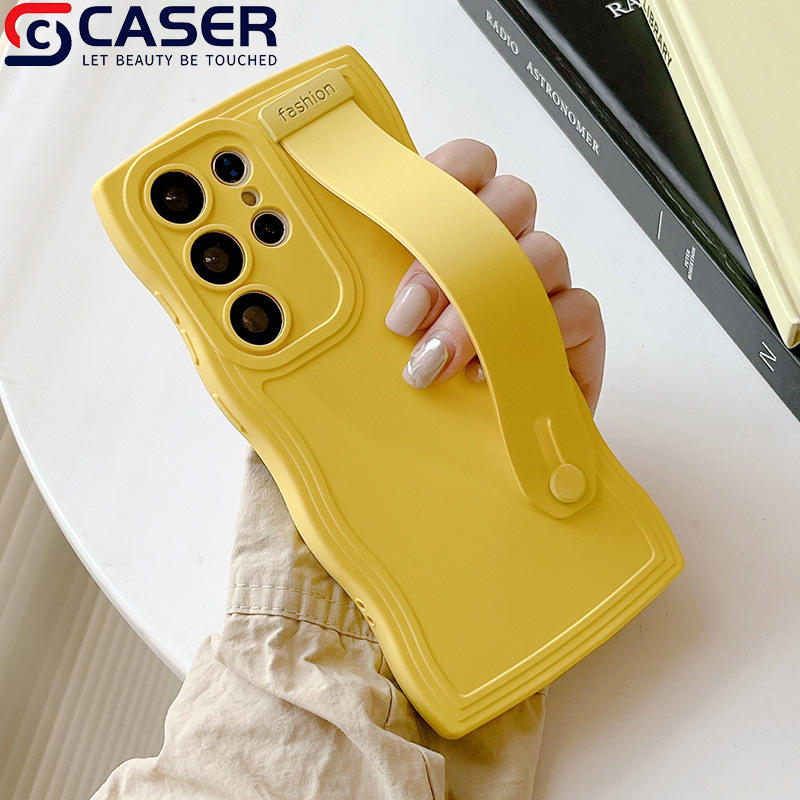 Factory Wholesale Simple Solid Color Cell Phone Case for Samsung S24Ultra New Invisible Support Wave Design with Strap