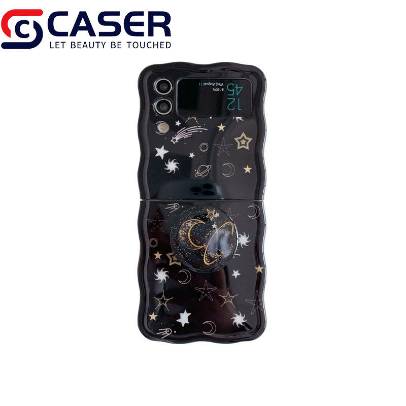 Ins Style Black Star Moon Phone Case Stand for Samsung Zflip 3_4_5 Cartoon Creativity Hand Beaded Chain Durable PC Material
