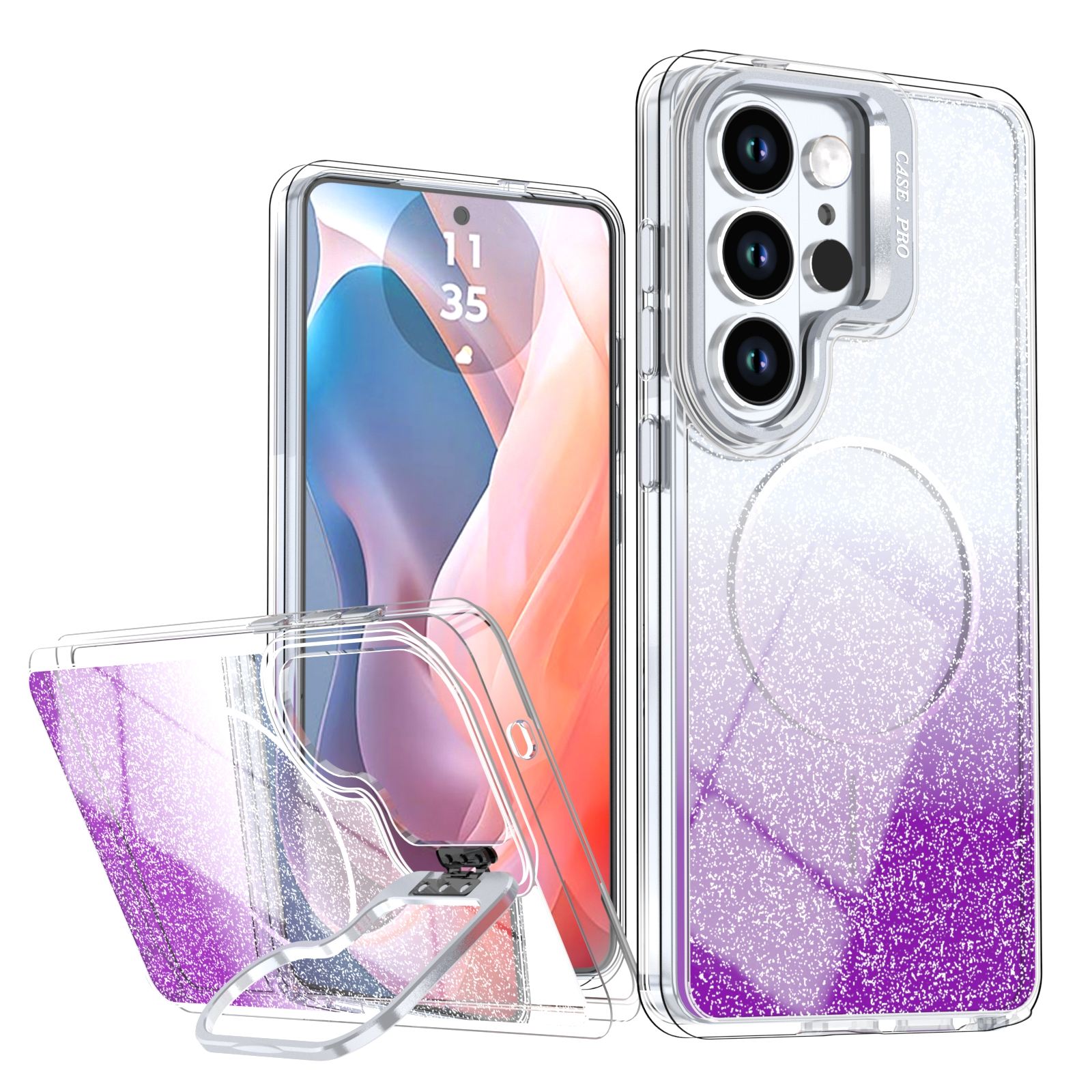 Luxury TPU+PC Glitter Gradient Lens Holder Stand Protect Case for Samsung S26Ultra S25 Plus S24 FE with Magnetic Wireless Charge