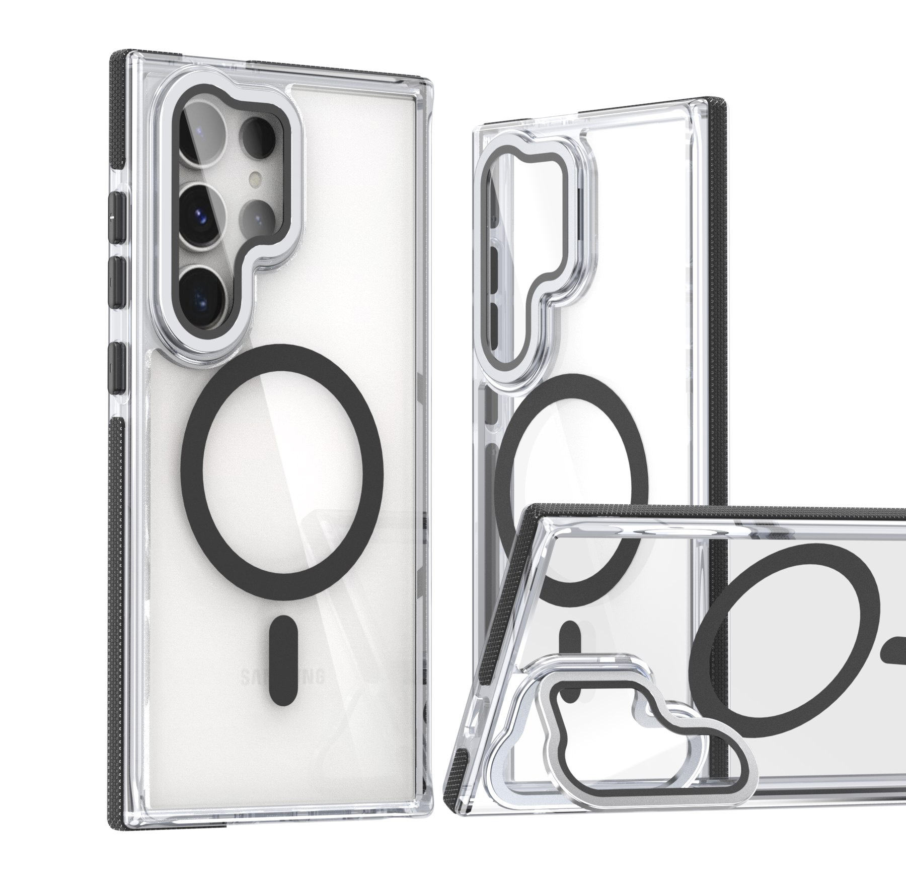 Support Wireless Charging Magnetic Shockproof Clear Phone Protective Cases with Camera Kickstand for Samsung S23_24_25 Series