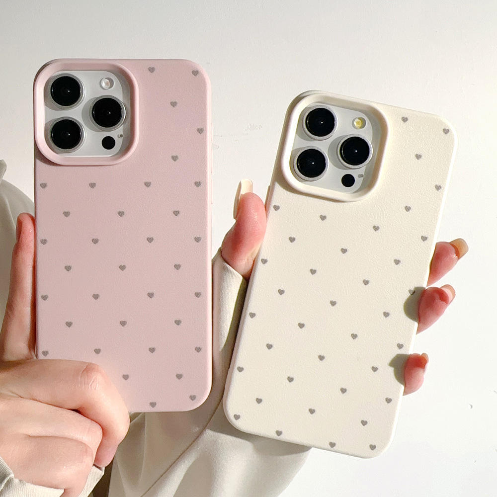 Minimalist Candy-Colored Polka Dot Heart-Shaped Case for iPhone 16_15 Pro Max Waterproof Artificial Leather Mobile Phone Case
