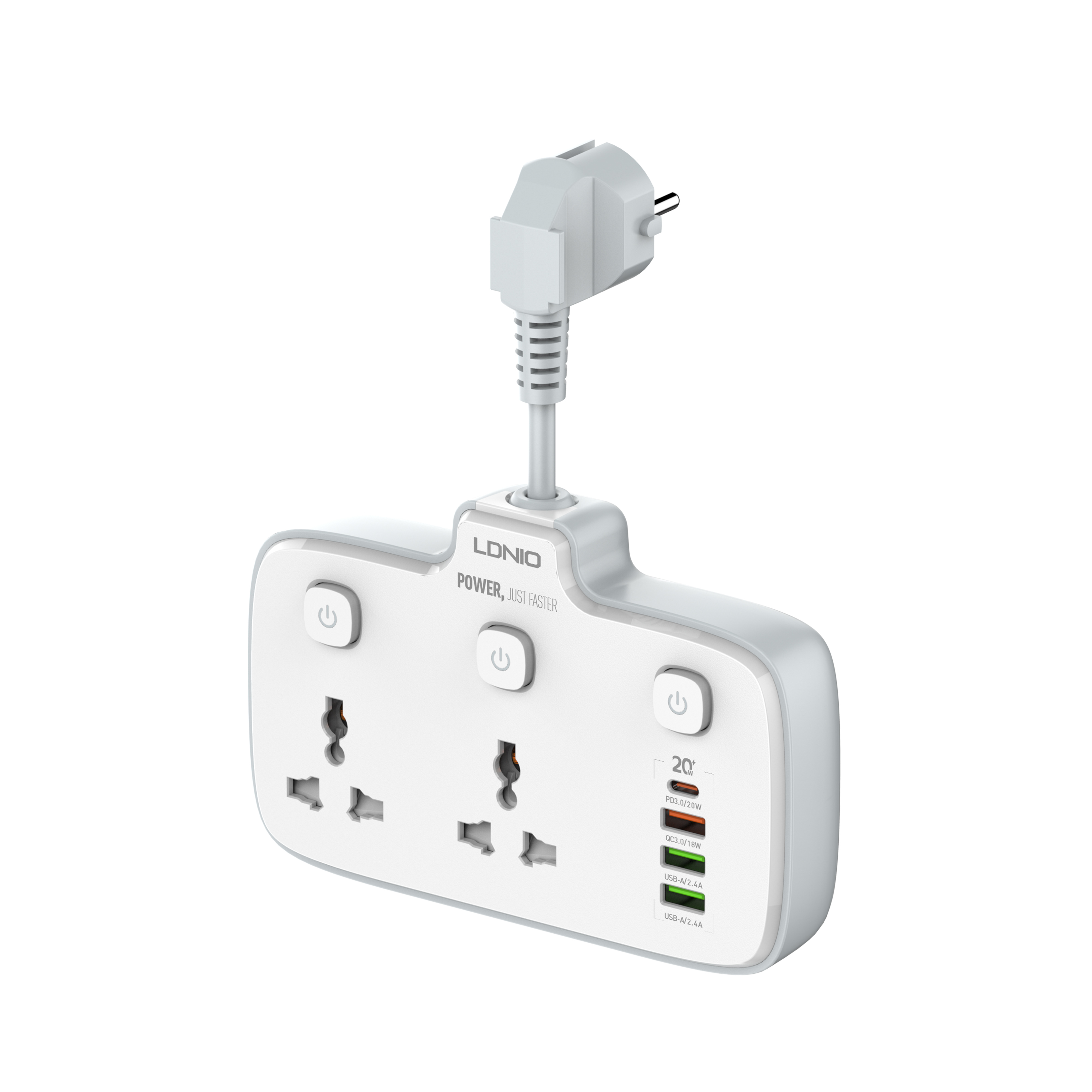 LDNIO--Power Strip--SC2413	Rate Power:2500W    1PD+QC3.0+2 Auto-ID      2 Universal Outlets