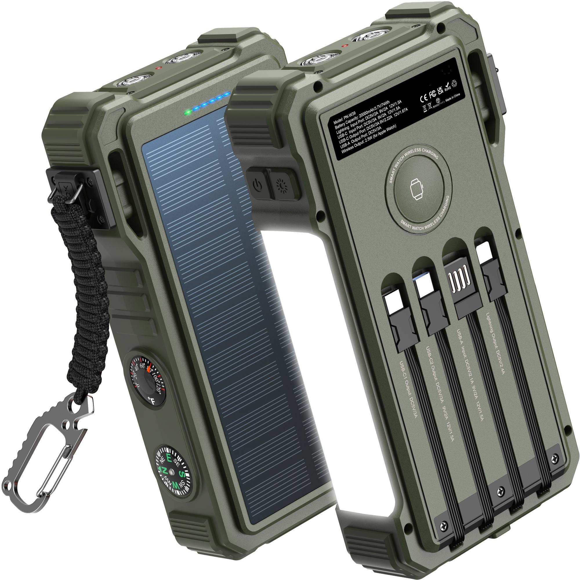 2025 20000mAh Portable Solar Power Bank Big Power Splash Proof for Outdoor Camping PD Fast Charger 4 Cables Compass Included