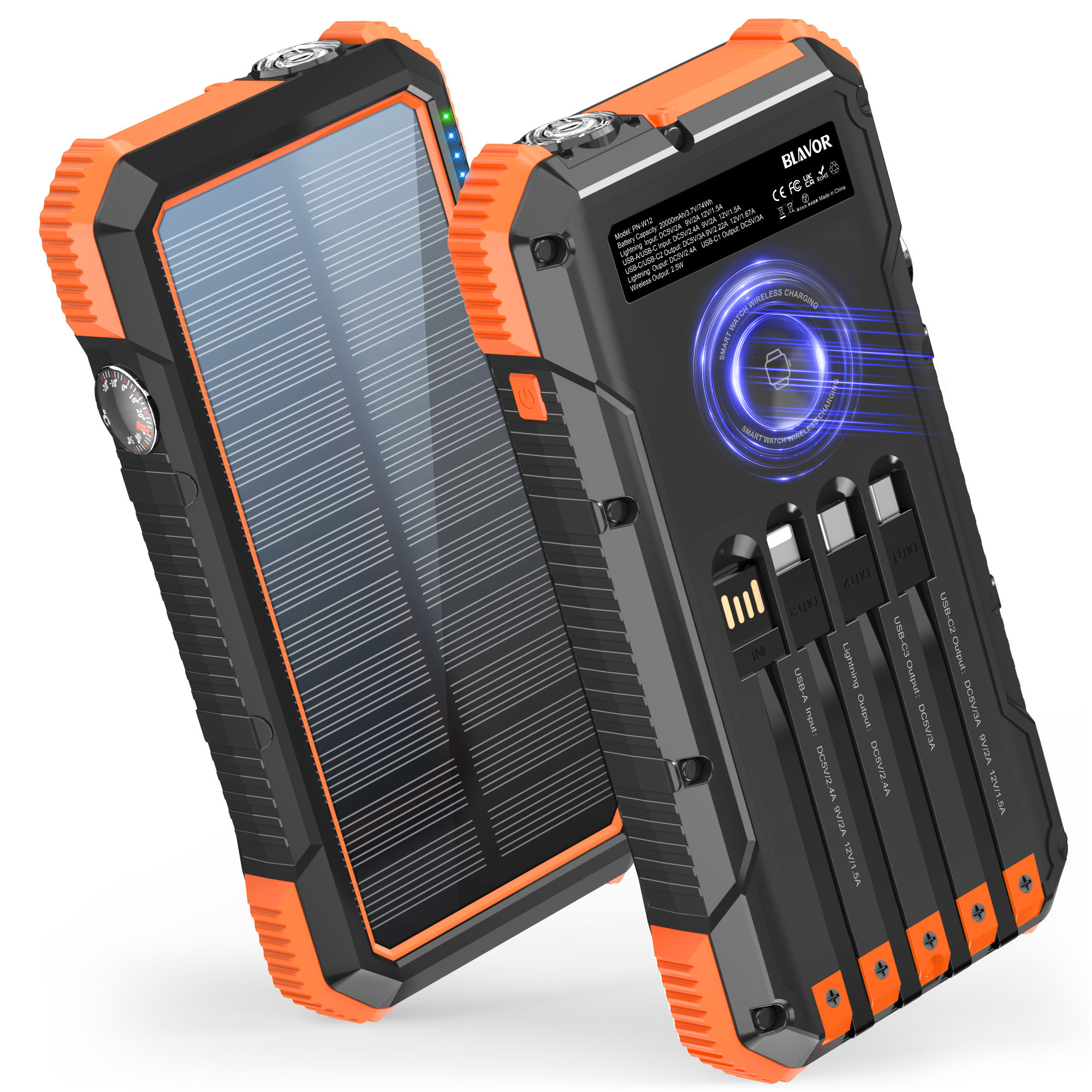 20000mAh Portable Solar Power Bank with 20W Fast Charging Built-in 4 Cables Wireless Charger for Apple Watch