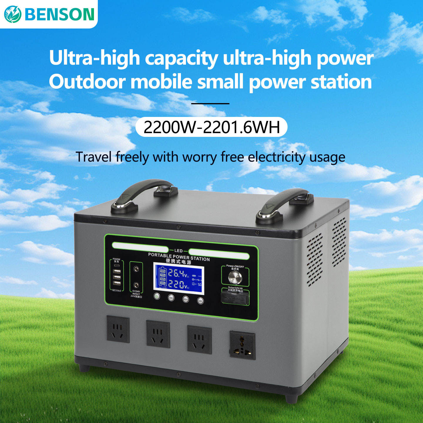 2200W Outdoor Camping Portable Power Station LiFePO4 Solar Panel Pure Sine Wave RV Port US Home Battery Pack Solar Generator