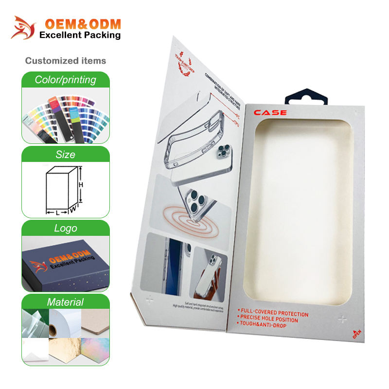 Excellent Pinchuang 001 Customized Logo Mobile Phone Case Package Box Flip Magnetic Paper Box With Blister Tray Phone Case Box f