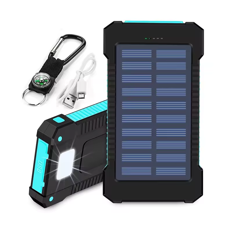 2025 New Top Seller Wholesale High Capacity 10000mAh Waterproof Solar Power Bank 10W USB Input_Output Flashlight_Compass Plastic