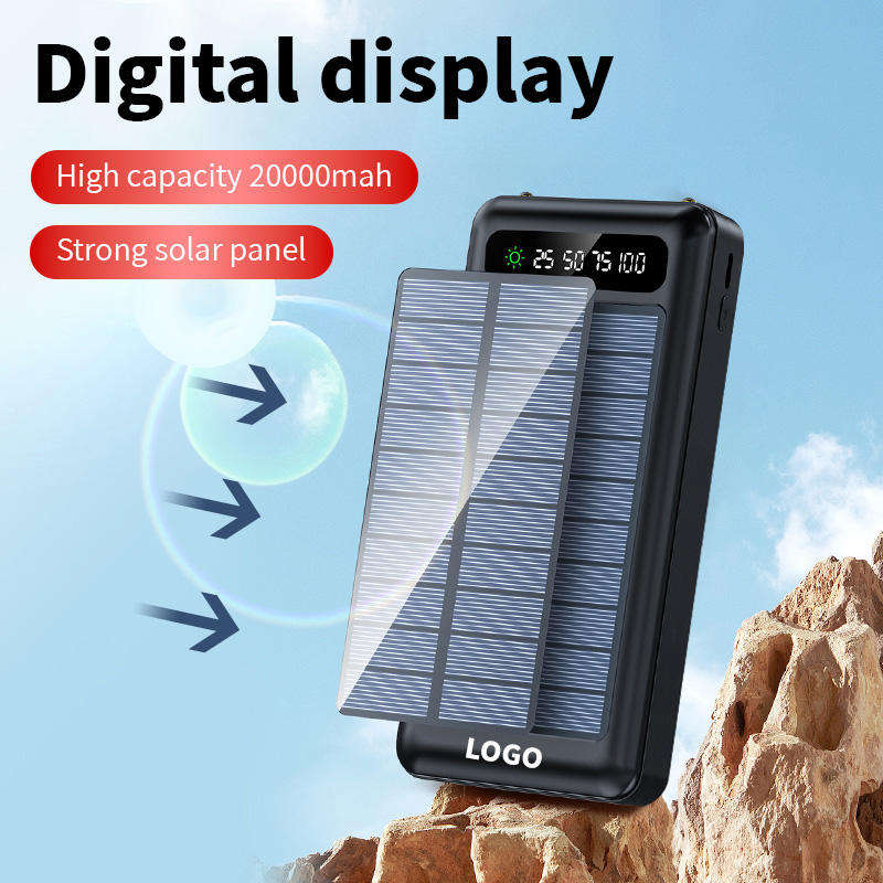 Custom Logo Portable Powerbank 20000mah Digital Display Built in 4Cables for Phone Solar Power Bank