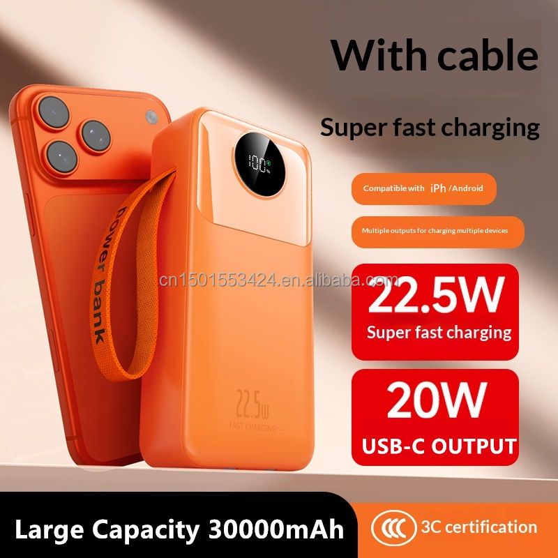 22.5W Fast Charging 30000mAh Power Bank with Digital Display Four USB Type-C Output PD Portable Charger with 2 Cables