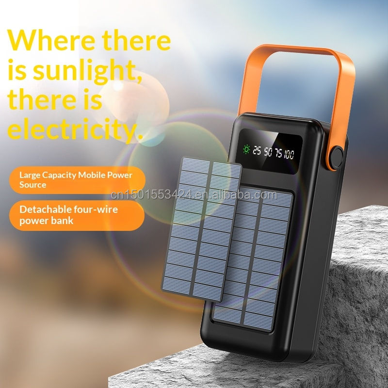 Durable Solar Power Bank 60000mah Built-in 4 Cables Large Capacity External Battery Charger With Led Light Hanging Rope