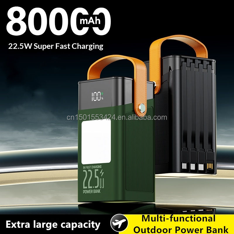 Multifunctional Outdoor Power Bank 80000mah PD 22.5W Fast Charging with Built in Cables 4 USB Type-C LED Display Camping Lights