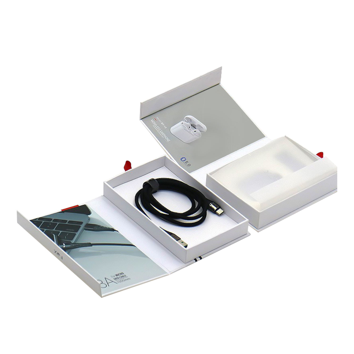 Hongze 003 High-End Custom USB Cable Charge Earphone Gift Box Rigid Cardboard Packaging Magnet Closure Sponge Lining Embossed Pa