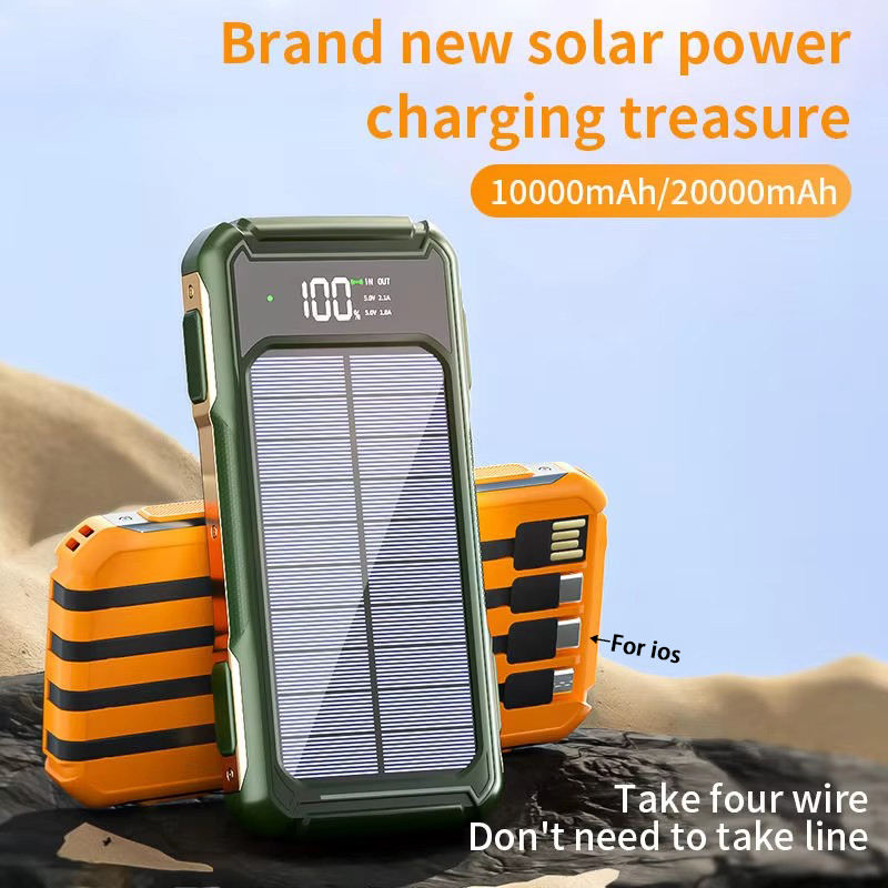 Portable Solar Power Bank 10000mAh 20000mAh Fast Charging External Battery Built-in Cables for Outdoor