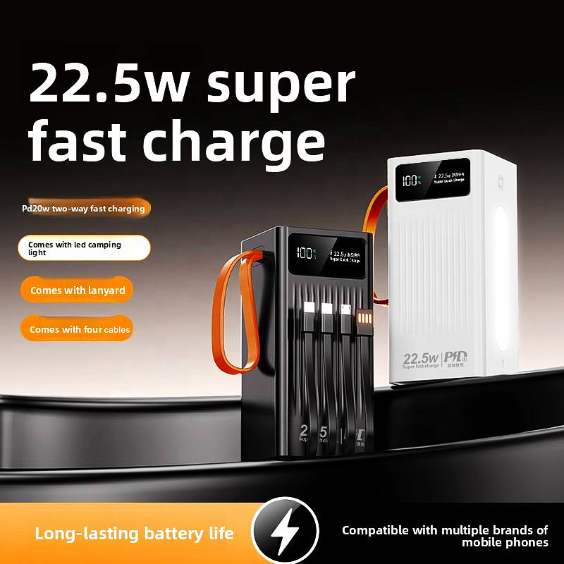 Custom Logo High Capacity Portable Built-in 4 Cable 50000mAh LED Display Power Bank PD 22.5W Quick Charge With Camping Light