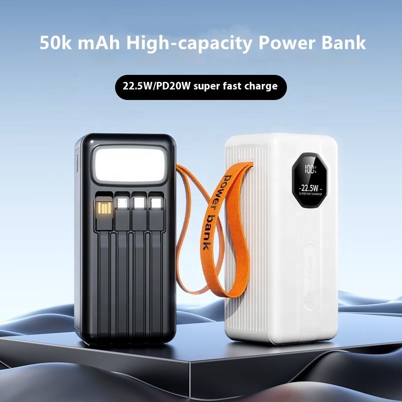 Super Fast Charging Premium 50000mAh Power Bank with 4 USB and Type-C Output Powerbank Come with Camping Light for Outdoor