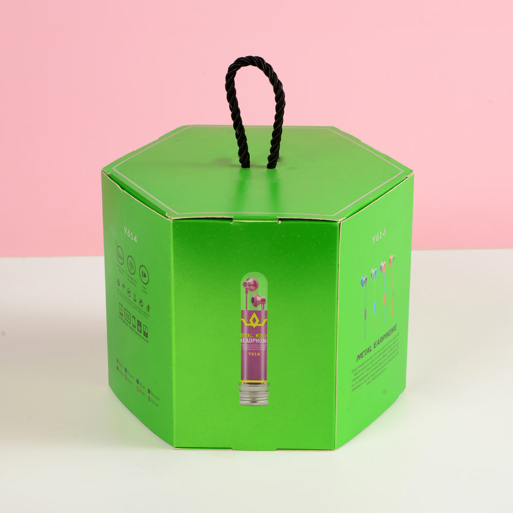 Zhongjin Xinwang 010 Custom Recyclable Hexagon Paper Box with Handle for E-Commerce Mobile Phone Accessories