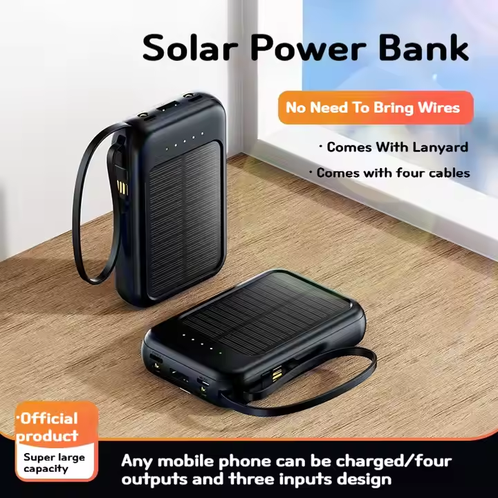 New Portable Charger 5000mah Solar Lanyard Built in 4 Cables Power Bank Plastic Powerbank 10000 Mah for Outdoor