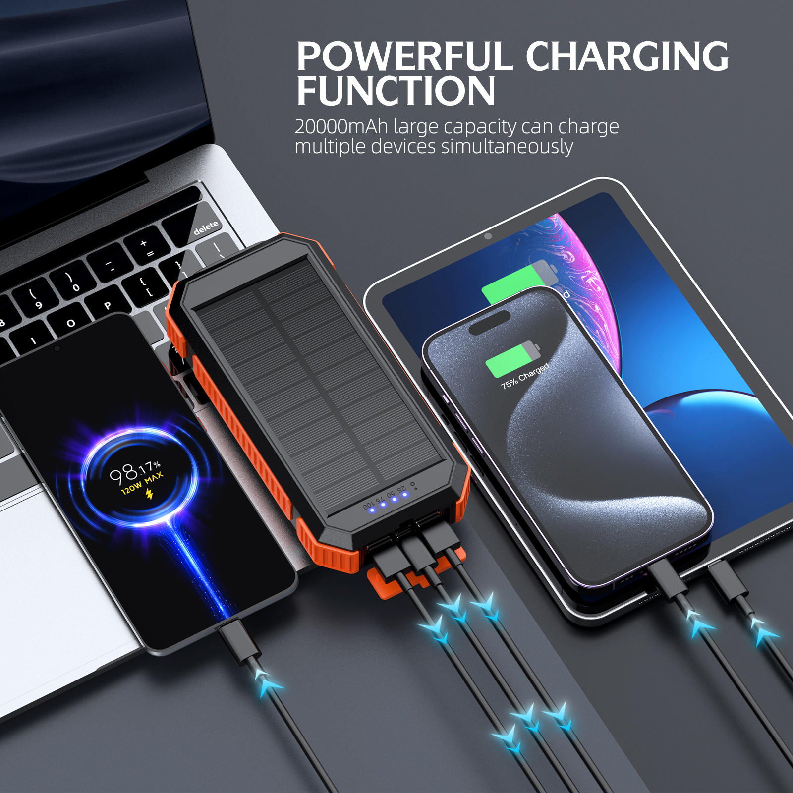 22.5W Fast Charging Wireless Magnetic Charger 20000mAh Portable Solar Power Bank Micro USB Input Interface for Watch Earphone