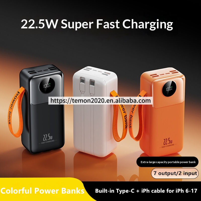 50000mAh High Capacity Li-Polymer Battery Power Bank 22.5W Fast Charge Cables 4USB Type-C PD LED Display Portable Charger