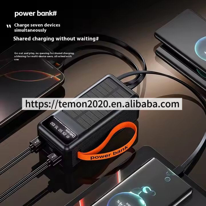 Solar Power Bank Large Capacity 50000mah Four USB Port Built-in 4 Cables Portable Solar Charger With Flashlight for Outdoor