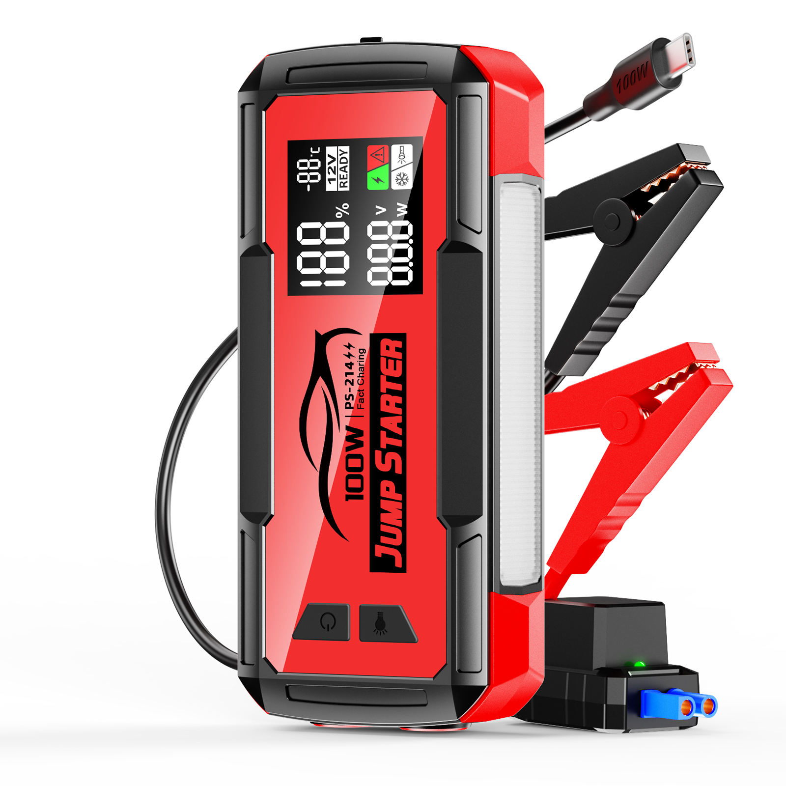 New Powerful 8000a 100w Retractable Cables Notebook Car Super Capacitor 12v Battery Booster Light Quick Jump Starter Power Bank