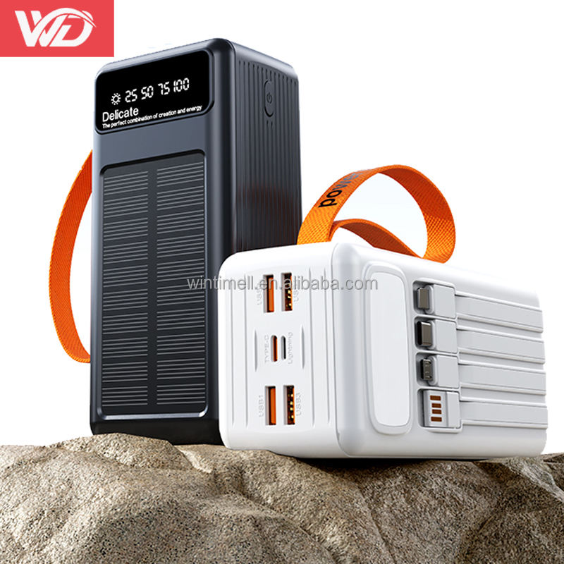 New Large Capacity Solar Power Bank 50000mAh Built-in 4 Cables Battery Charger 50000 Mah Wires Powerbank With 4 LED Light