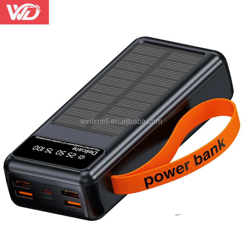 New Trend Outdoor Solar Power Bank 30000mAh Built-in 4 Cables Portable Battery Charger 30000 Mah Wires Powerbank With LED Light