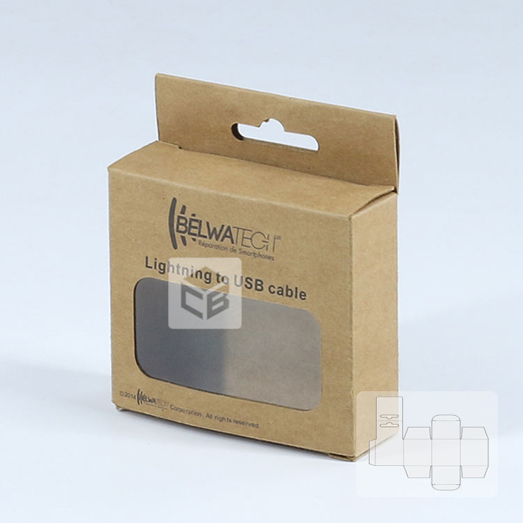 Chengbao 009 Brown Kraft Paper Package Box for Fast Charge to USB Cable Rectangle or Square Gift Box Packaging with Hanger Punch