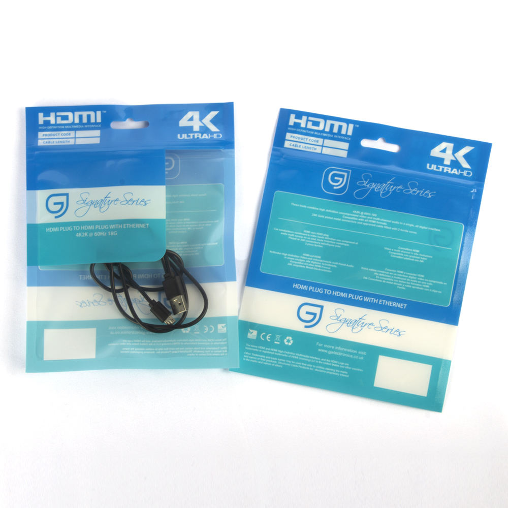 Wede 007 OEM Factory Direct Custom Print HDMI Data Cable Packaging Pouch Bags with Clear Window and Plane Hang Hole