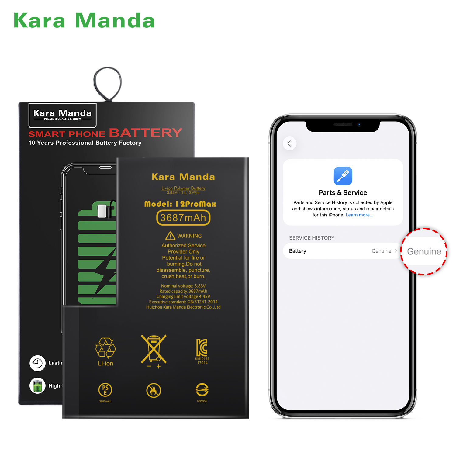 Kara Manda Factory OEM Phone Battery for iPhone 12 Pro Max Genuine Battery Display Shows Genuine Replacement 0 Cycle Battery