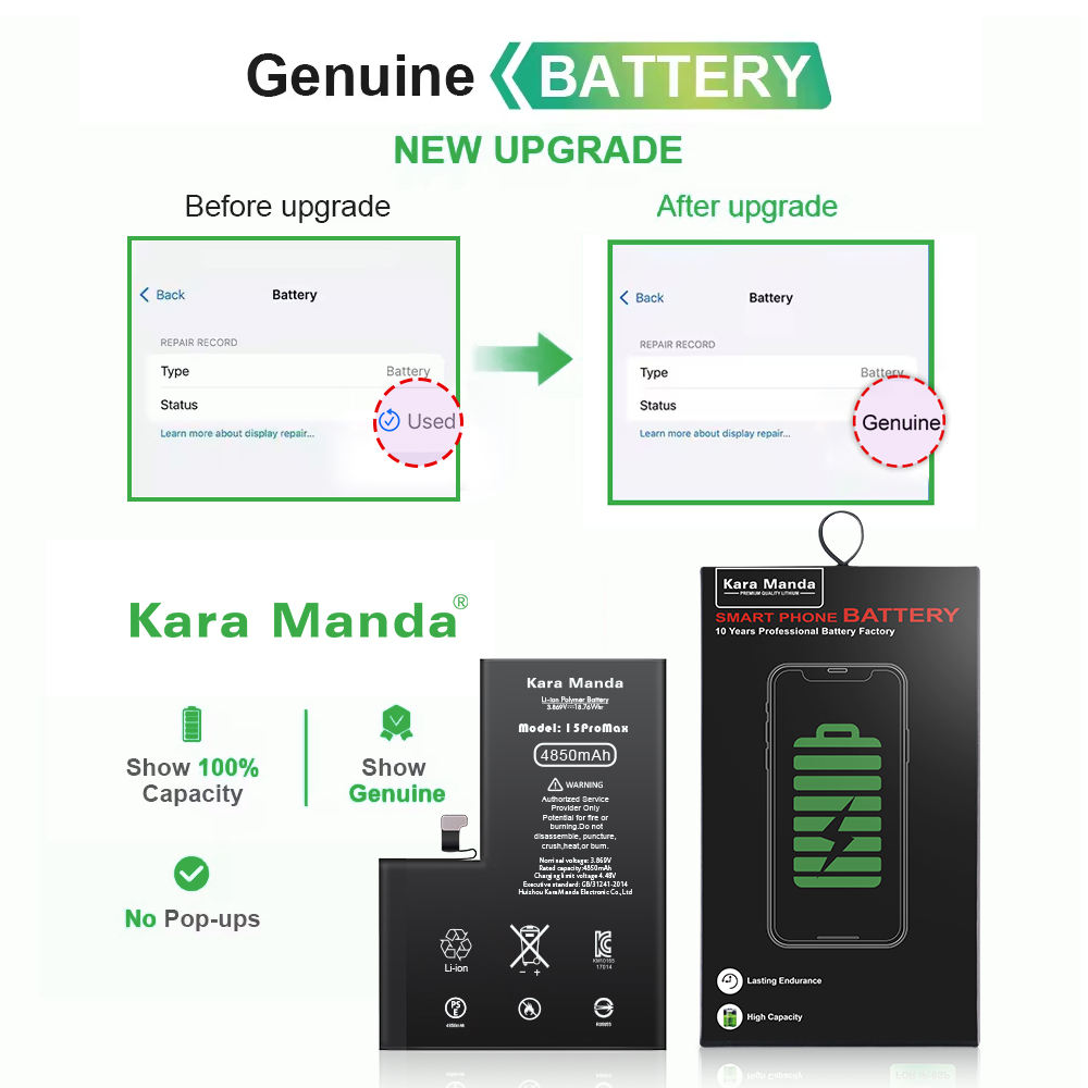 Kara Manda Hot Sale OEM 0 Cycle IOS26 Mobile Phone Diagnostic Battery for iPhone Battery Genuine for iPhone 15 Pro Max Battery
