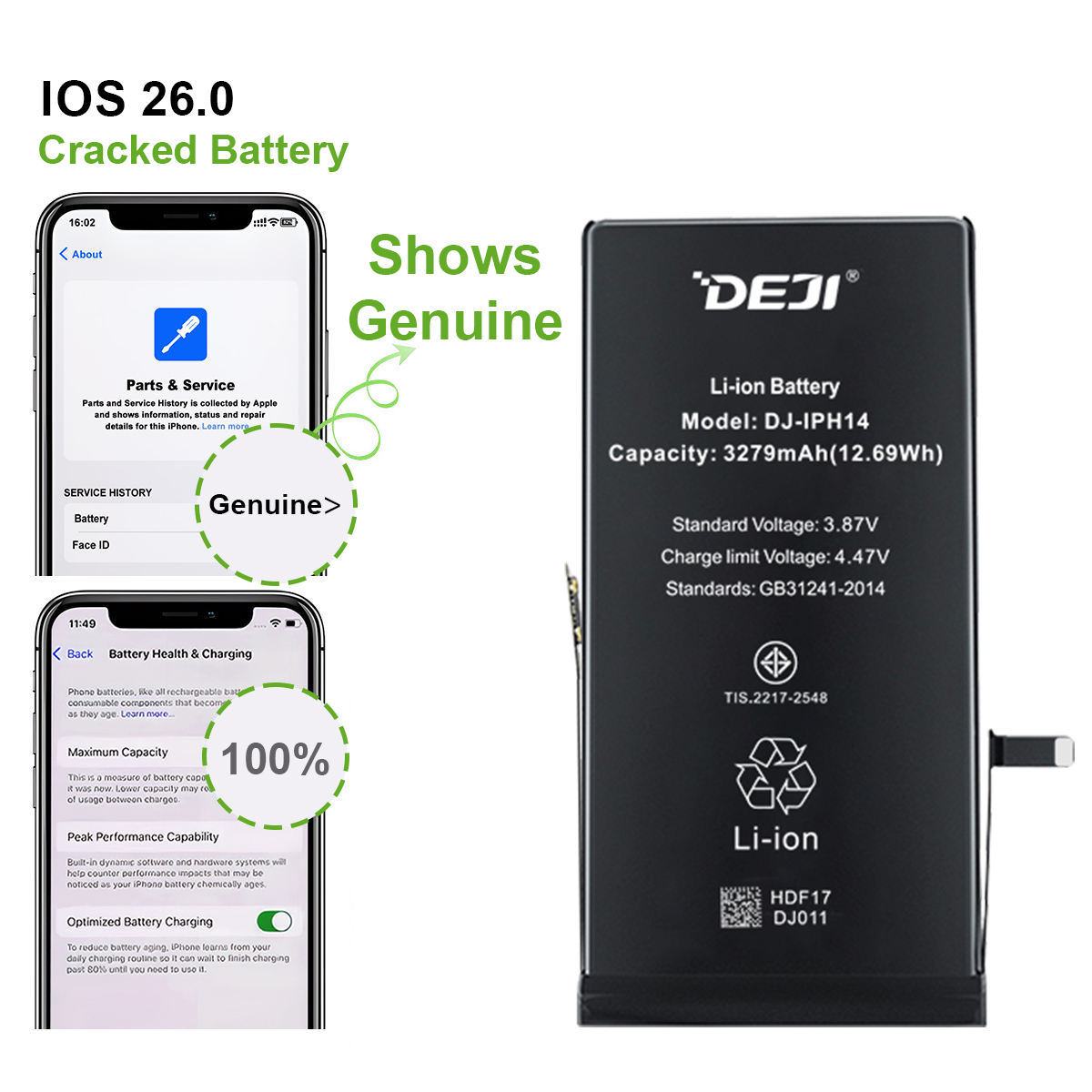 DEJI 3200mAh Health Lithium Battery for iPhone 14 Pro New and with Flex Cable Features Charging 12 Months Warranty